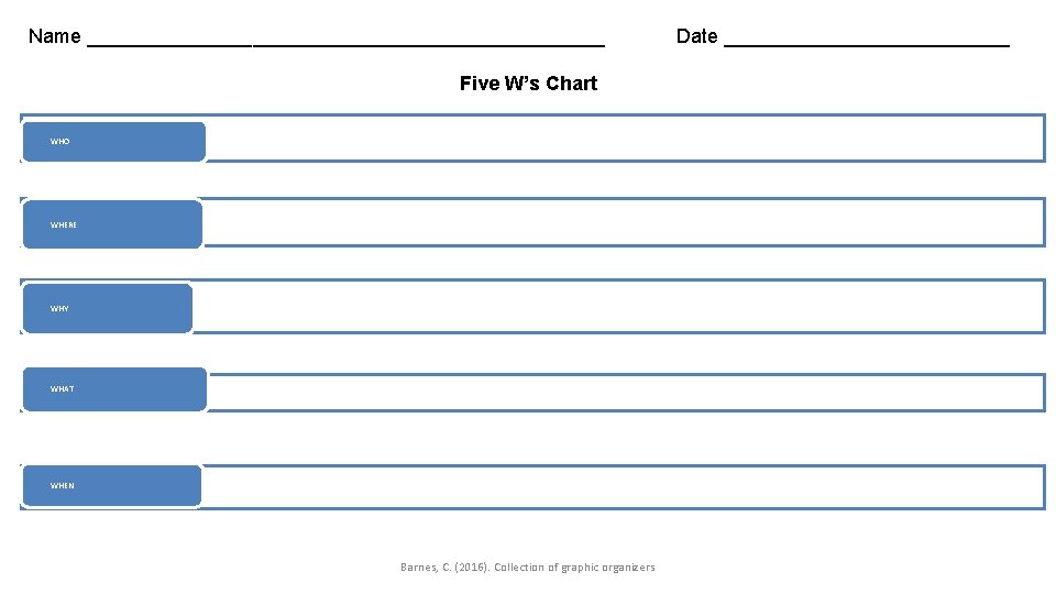 Name ________________________ Five W’s Chart WHO WHERE WHY WHAT WHEN Barnes, C. (2016). Collection
