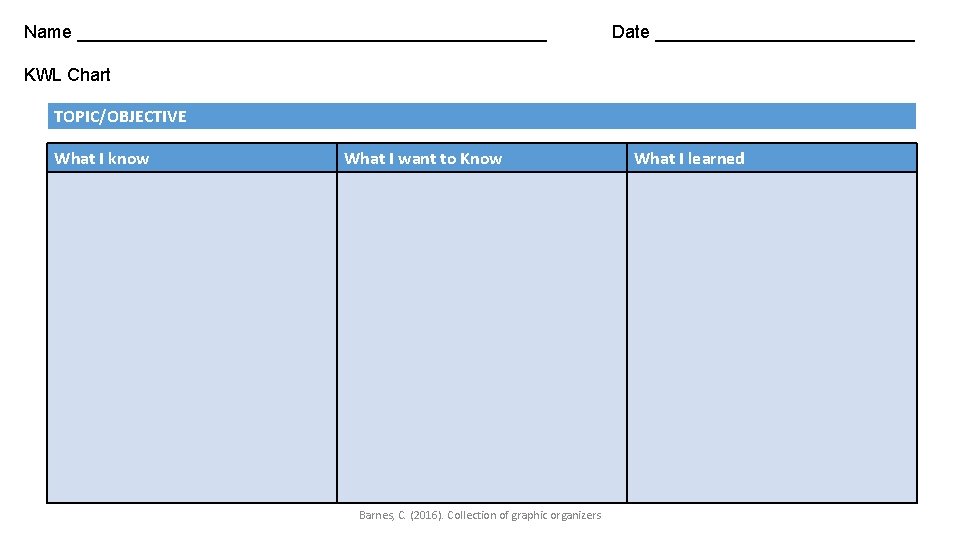 Name ________________________ Date _____________ KWL Chart TOPIC/OBJECTIVE What I know What I want to