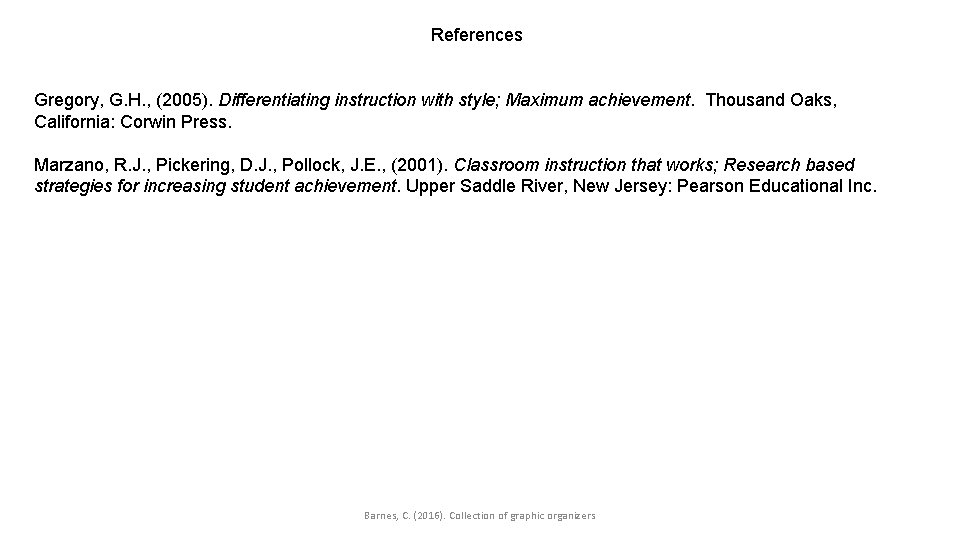 References Gregory, G. H. , (2005). Differentiating instruction with style; Maximum achievement. Thousand Oaks,