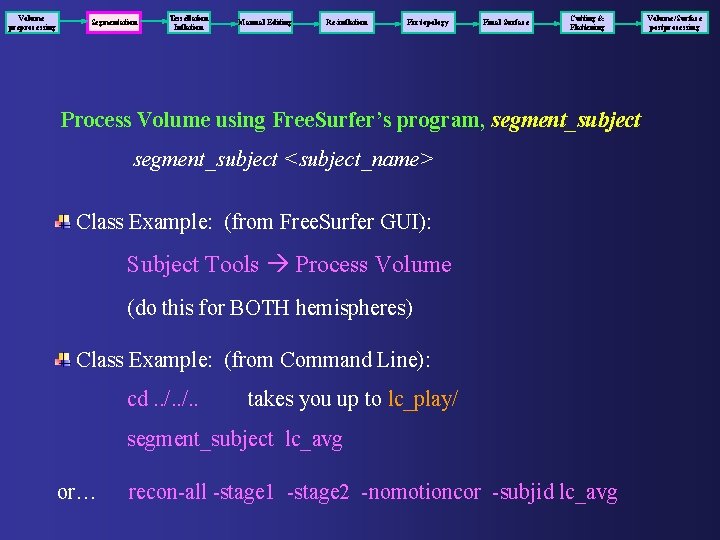 Volume preprocessing Segmentation Tessellation Inflation Manual Editing Re-inflation Fix topology Final Surface Cutting & Volume preprocessing Segmentation Tessellation Inflation Manual Editing Re-inflation Fix topology Final Surface Cutting &