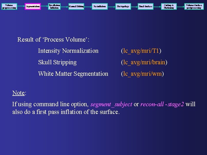 Volume preprocessing Segmentation Tessellation Inflation Manual Editing Re-inflation Fix topology Final Surface Cutting & Volume preprocessing Segmentation Tessellation Inflation Manual Editing Re-inflation Fix topology Final Surface Cutting &