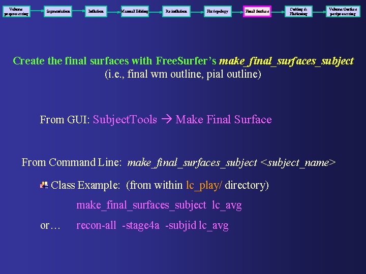 Volume preprocessing Segmentation Inflation Manual Editing Re-inflation Fix topology Final Surface Cutting & Flattening