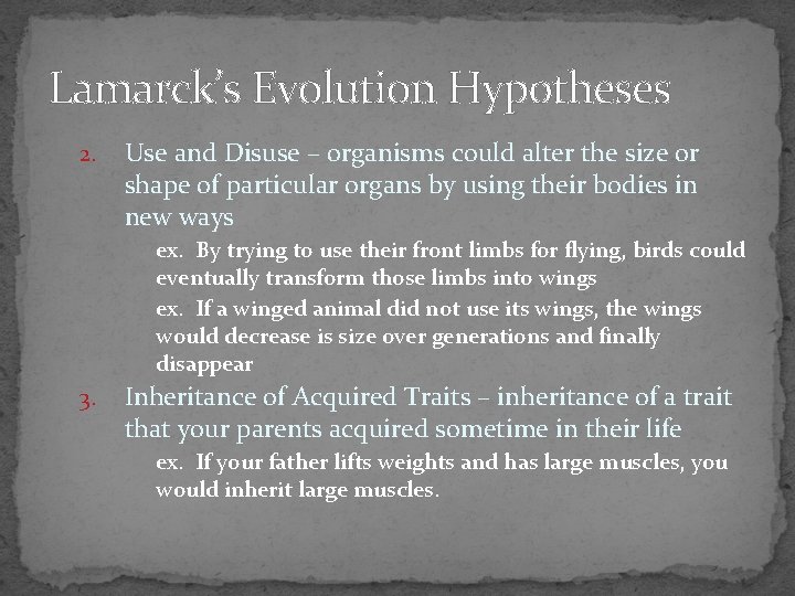 Lamarck’s Evolution Hypotheses 2. Use and Disuse – organisms could alter the size or