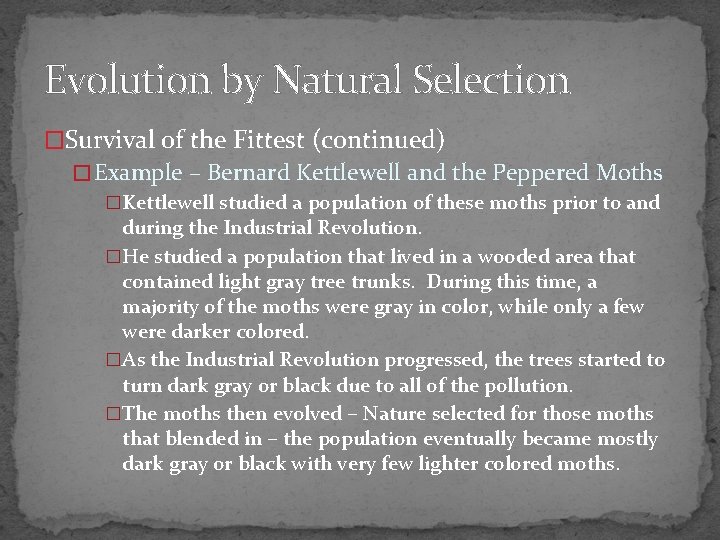 Evolution by Natural Selection �Survival of the Fittest (continued) � Example – Bernard Kettlewell