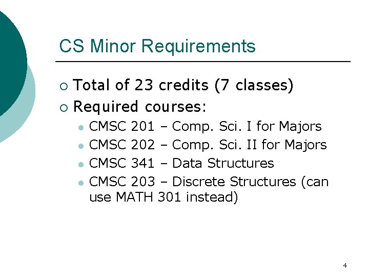 CS Minor Requirements Total of 23 credits (7 classes) ¡ Required courses: ¡ l