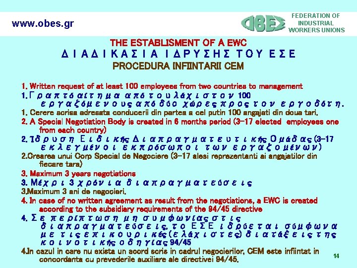 www. obes. gr FEDERATION OF INDUSTRIAL WORKERS UNIONS THE ESTABLISMENT OF A EWC ΔΙΑΔΙΚΑΣΙΑ
