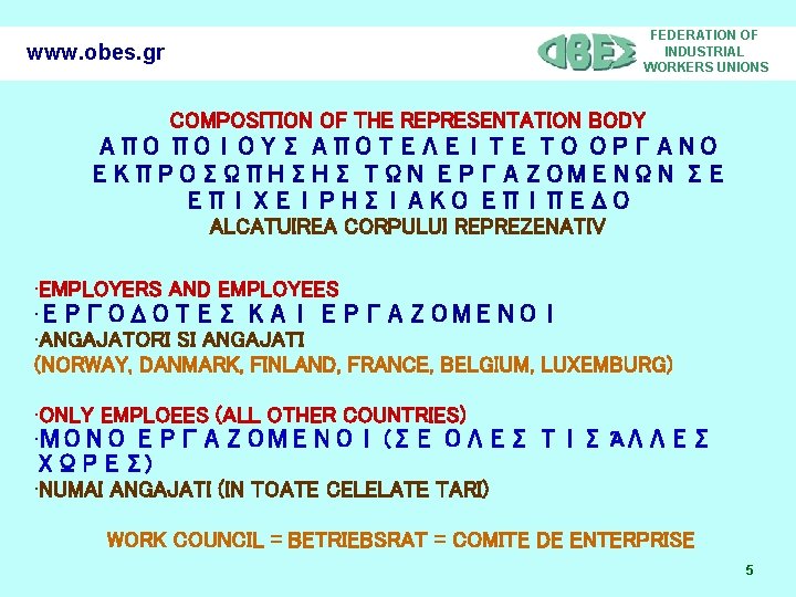 www. obes. gr FEDERATION OF INDUSTRIAL WORKERS UNIONS COMPOSITION OF THE REPRESENTATION BODY ΑΠΟ