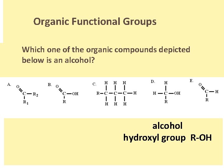 Organic Functional Groups Which one of the organic compounds depicted below is an alcohol?