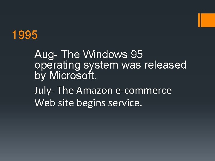 1995 Aug- The Windows 95 operating system was released by Microsoft. July- The Amazon