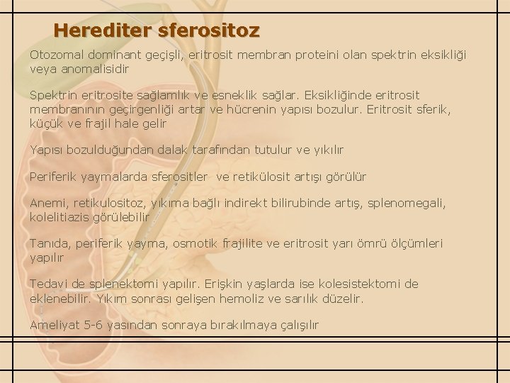 Herediter sferositoz Otozomal dominant geçişli, eritrosit membran proteini olan spektrin eksikliği veya anomalisidir Spektrin