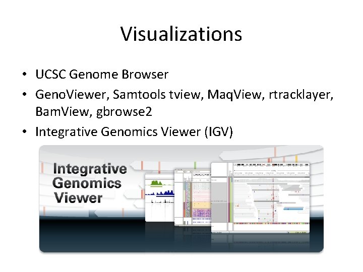 Visualizations • UCSC Genome Browser • Geno. Viewer, Samtools tview, Maq. View, rtracklayer, Bam.