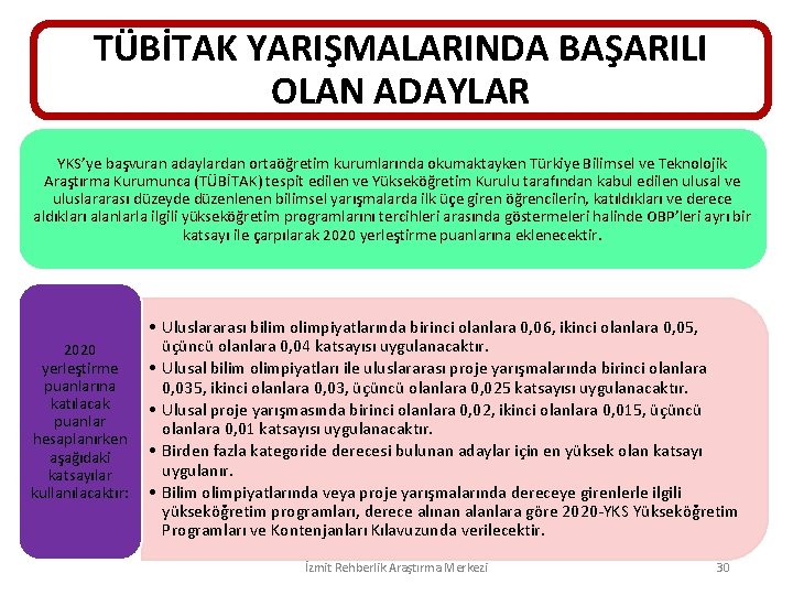 TÜBİTAK YARIŞMALARINDA BAŞARILI OLAN ADAYLAR YKS’ye başvuran adaylardan ortaöğretim kurumlarında okumaktayken Türkiye Bilimsel ve