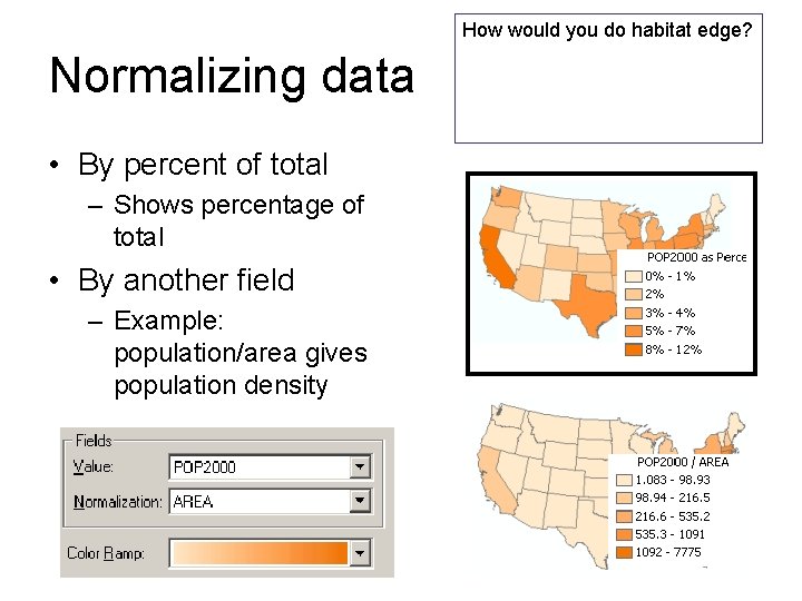 How would you do habitat edge? Normalizing data • By percent of total – How would you do habitat edge? Normalizing data • By percent of total –