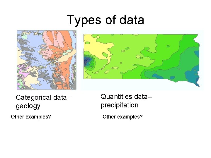 Types of data Categorical data-geology Other examples? Quantities data-precipitation Other examples? Types of data Categorical data-geology Other examples? Quantities data-precipitation Other examples?