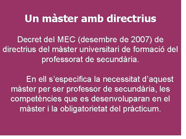 Un màster amb directrius Decret del MEC (desembre de 2007) de directrius del màster