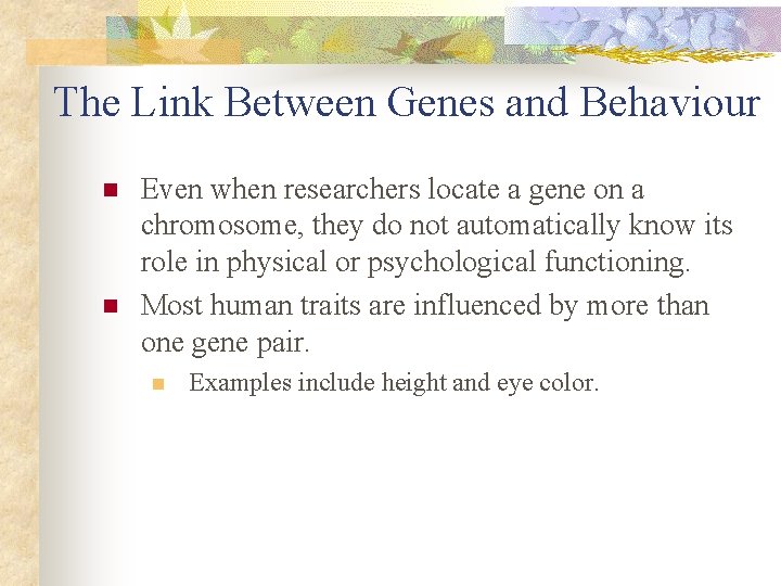 The Link Between Genes and Behaviour n n Even when researchers locate a gene