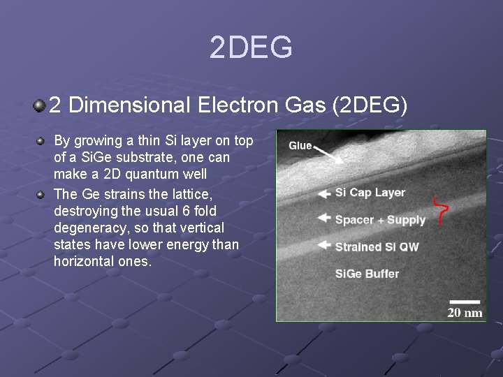2 DEG 2 Dimensional Electron Gas (2 DEG) By growing a thin Si layer