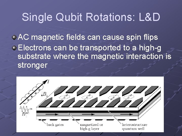 Single Qubit Rotations: L&D AC magnetic fields can cause spin flips Electrons can be
