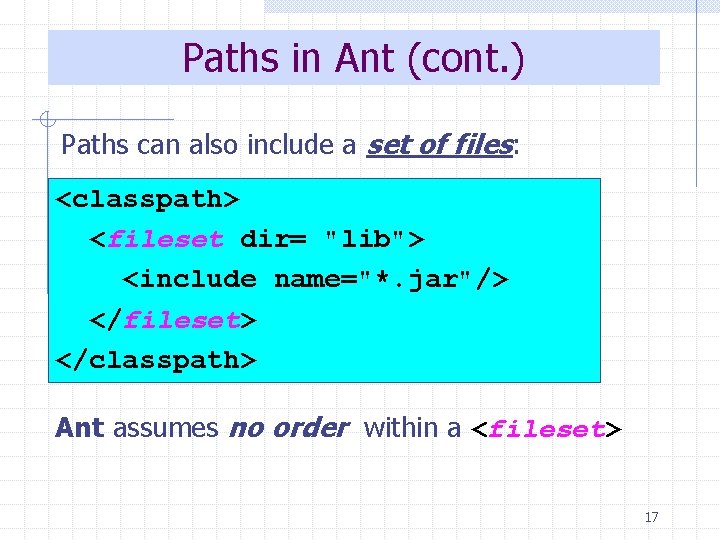 Paths in Ant (cont. ) Paths can also include a set of files: <classpath>
