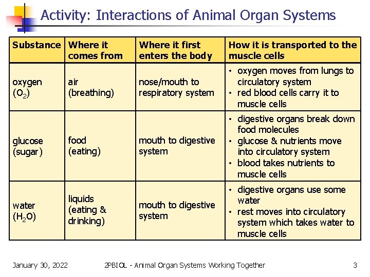 Activity: Interactions of Animal Organ Systems Substance Where it comes from oxygen (O 2)