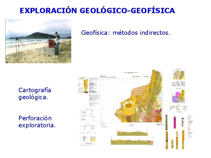 EXPLORACIÓN GEOLÓGICO-GEOFÍSICA Geofísica: métodos indirectos. Cartografía geológica. Perforación exploratoria. 