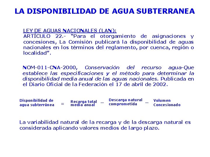 LA DISPONIBILIDAD DE AGUA SUBTERRANEA LEY DE AGUAS NACIONALES (LAN): ARTÍCULO 22. - “Para