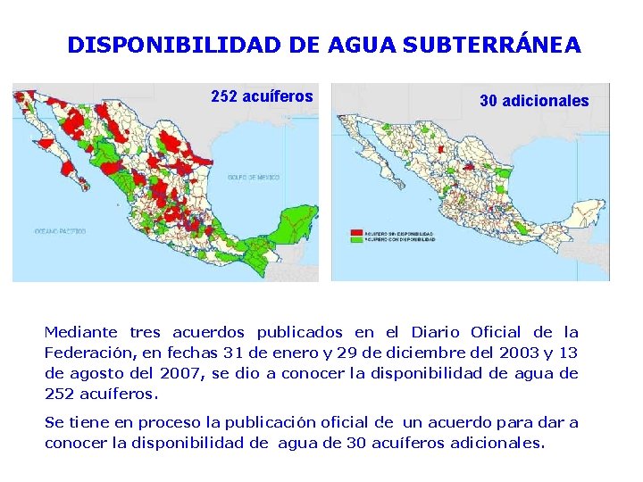 DISPONIBILIDAD DE AGUA SUBTERRÁNEA 252 acuíferos 30 adicionales Mediante tres acuerdos publicados en el