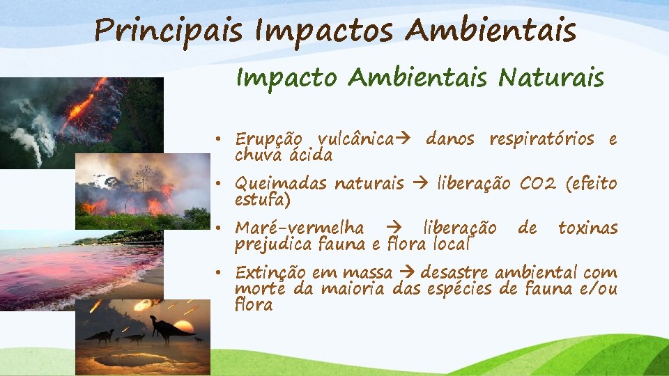 Principais Impactos Ambientais Impacto Ambientais Naturais • Erupção vulcânica danos respiratórios e chuva ácida