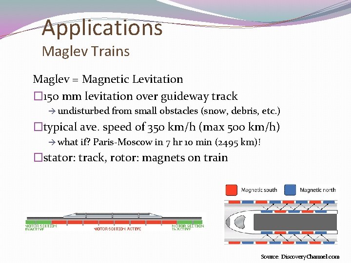 Applications Maglev Trains Maglev = Magnetic Levitation � 150 mm levitation over guideway track