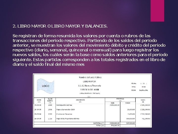 2. LIBRO MAYOR O LIBRO MAYOR Y BALANCES. Se registran de forma resumida los