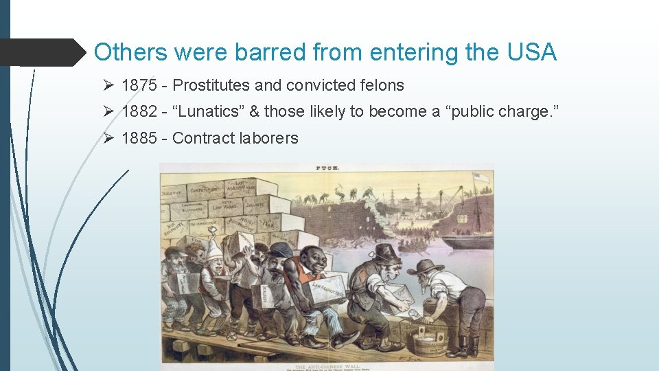 Others were barred from entering the USA Ø 1875 - Prostitutes and convicted felons
