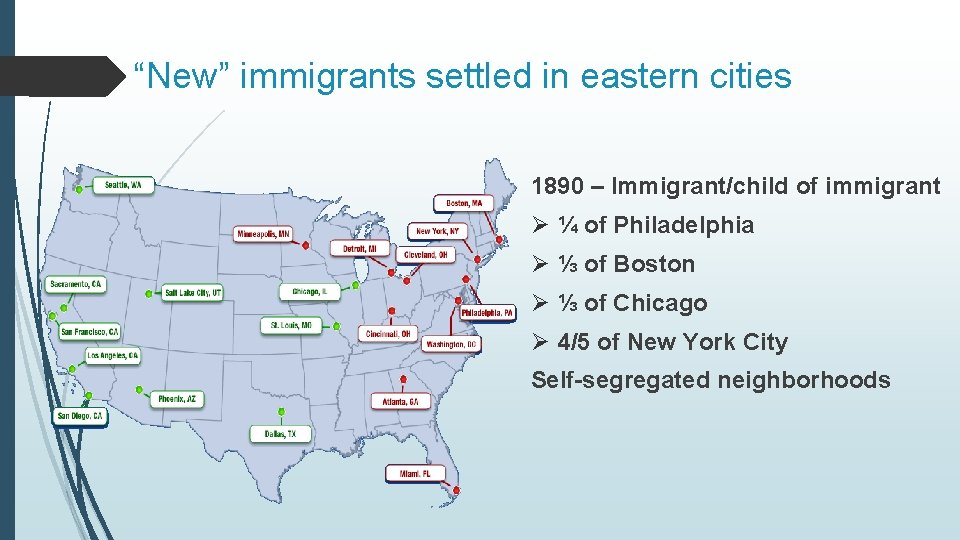 “New” immigrants settled in eastern cities 1890 – Immigrant/child of immigrant Ø ¼ of