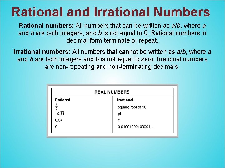 Rational and Irrational Numbers Rational numbers: All numbers that can be written as a/b,