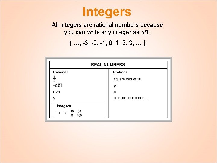 Integers All integers are rational numbers because you can write any integer as n/1.