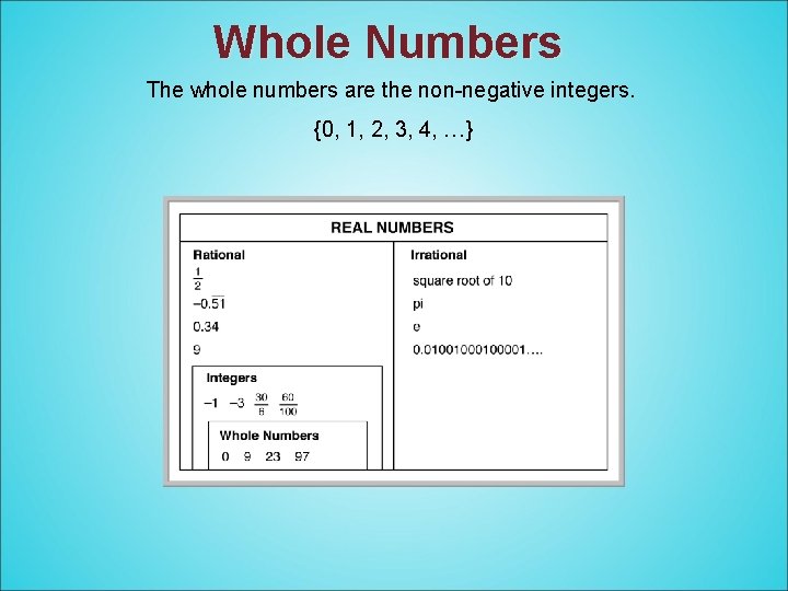 Whole Numbers The whole numbers are the non-negative integers. {0, 1, 2, 3, 4,