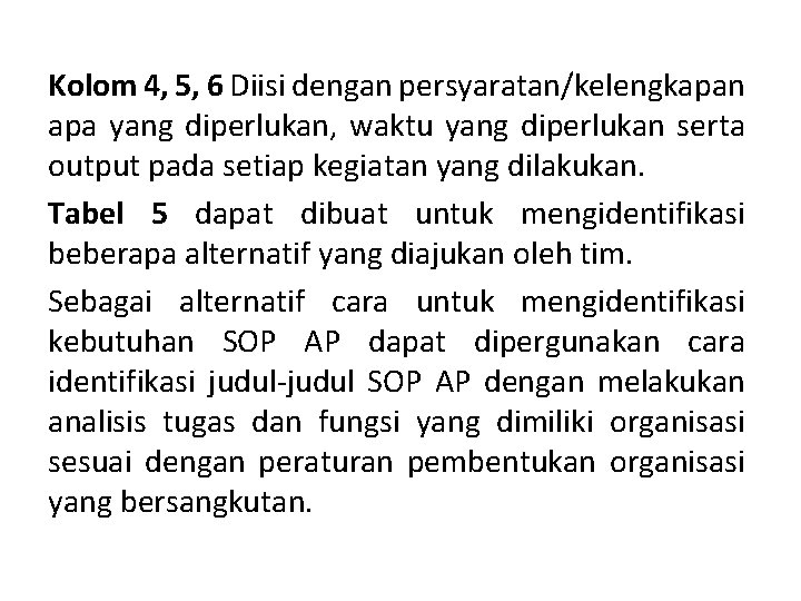 Kolom 4, 5, 6 Diisi dengan persyaratan/kelengkapan apa yang diperlukan, waktu yang diperlukan serta