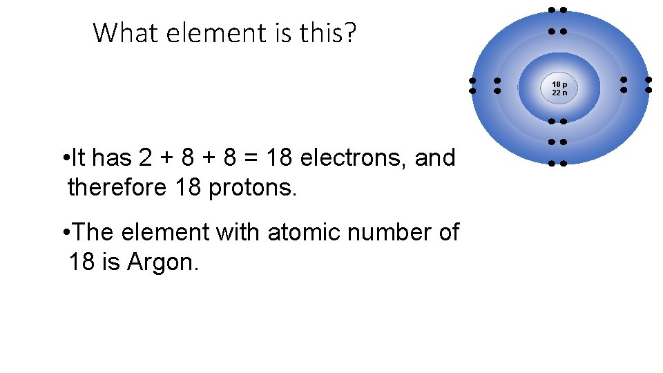 What element is this? 18 p 22 n • It has 2 + 8 What element is this? 18 p 22 n • It has 2 + 8