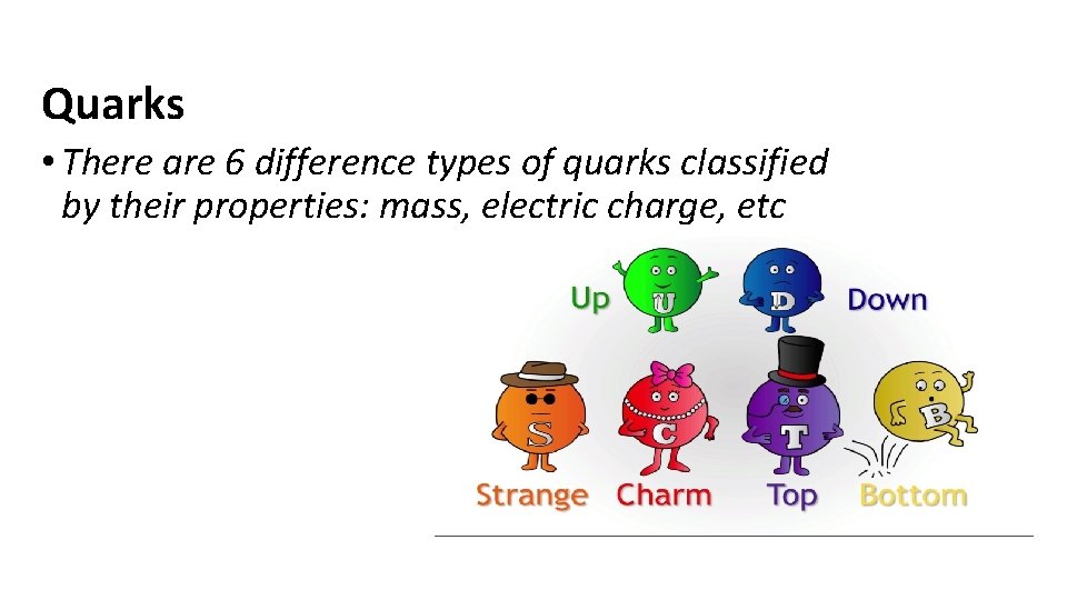Quarks • There are 6 difference types of quarks classified by their properties: mass, Quarks • There are 6 difference types of quarks classified by their properties: mass,