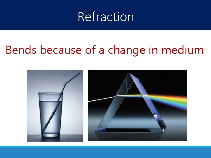 Refraction Bends because of a change in medium 