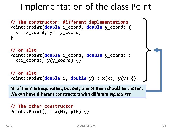 Implementation of the class Point // The constructor: different implementations Point: : Point(double x_coord,