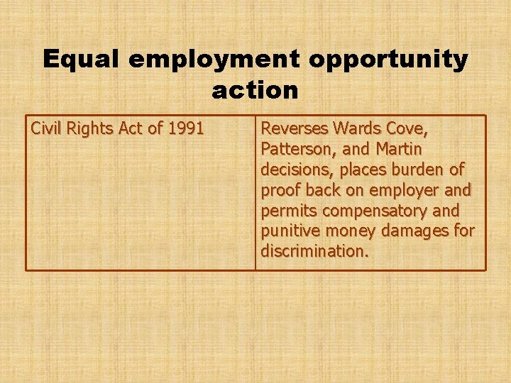 Equal employment opportunity action Civil Rights Act of 1991 Reverses Wards Cove, Patterson, and