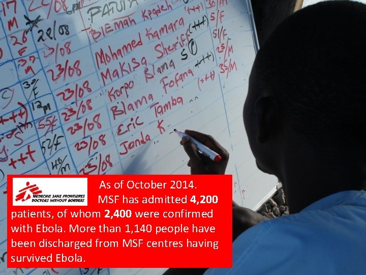 As of October 2014. MSF has admitted 4, 200 patients, of whom 2, 400