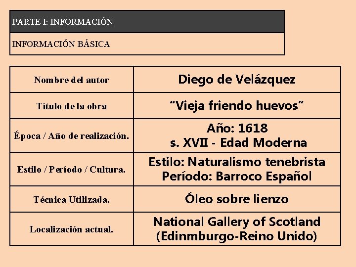 PARTE I: INFORMACIÓN BÁSICA Nombre del autor Diego de Velázquez Título de la obra