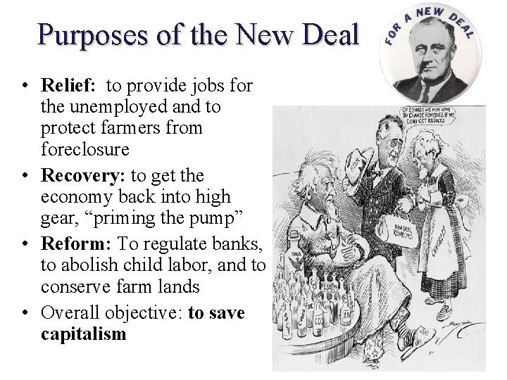 Purposes of the New Deal • Relief: to provide jobs for the unemployed and