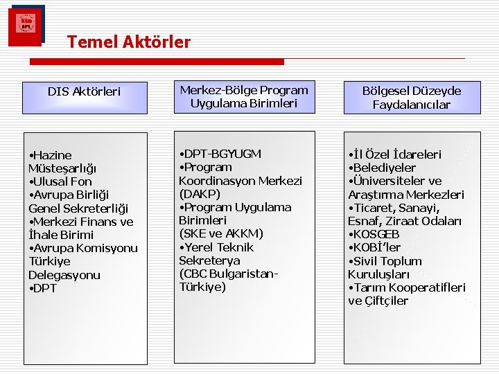 Temel Aktörler DIS Aktörleri • Hazine Müsteşarlığı • Ulusal Fon • Avrupa Birliği Genel
