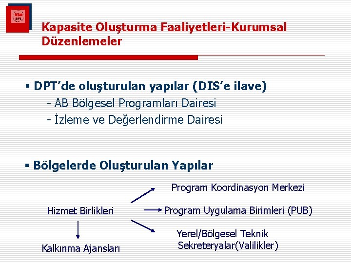 Kapasite Oluşturma Faaliyetleri-Kurumsal Düzenlemeler § DPT’de oluşturulan yapılar (DIS’e ilave) - AB Bölgesel Programları