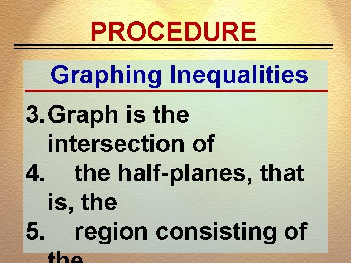 PROCEDURE Graphing Inequalities 3. Graph is the intersection of 4. the half-planes, that is,
