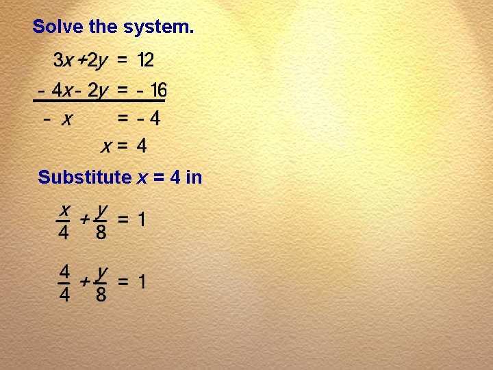 Solve the system. Substitute x = 4 in 