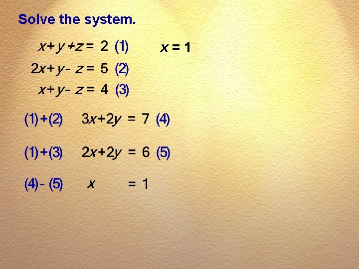 Solve the system. x=1 