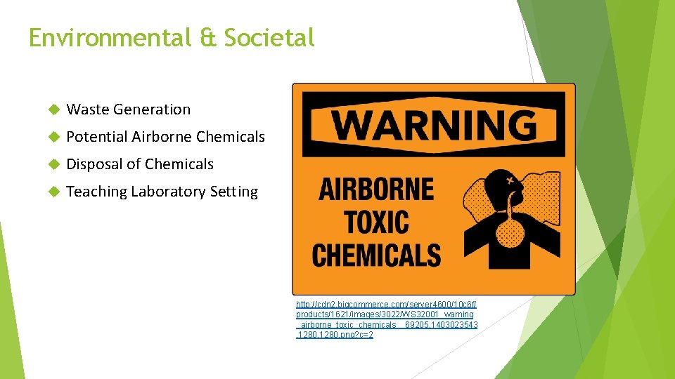 Environmental & Societal Waste Generation Potential Airborne Chemicals Disposal of Chemicals Teaching Laboratory Setting